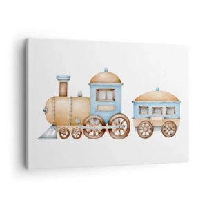 Schilderen op canvas - Tekening van een trein in pasteltinten op een witte achtergrond - 70x50cm - Hij staat op het station... - Moderne wanddecoratie voor woonkamer en slaapkamer ARTTOR