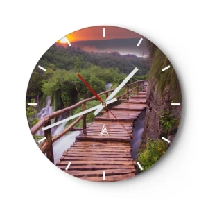 Wandklok - Klok - Houten loopbrug over watervallen in het bos bij zonsondergang - 30x30cm - Ongelooflijke schoonheid - Moderne wanddecoratie voor woonkamer, keuken en slaapkamer ARTTOR