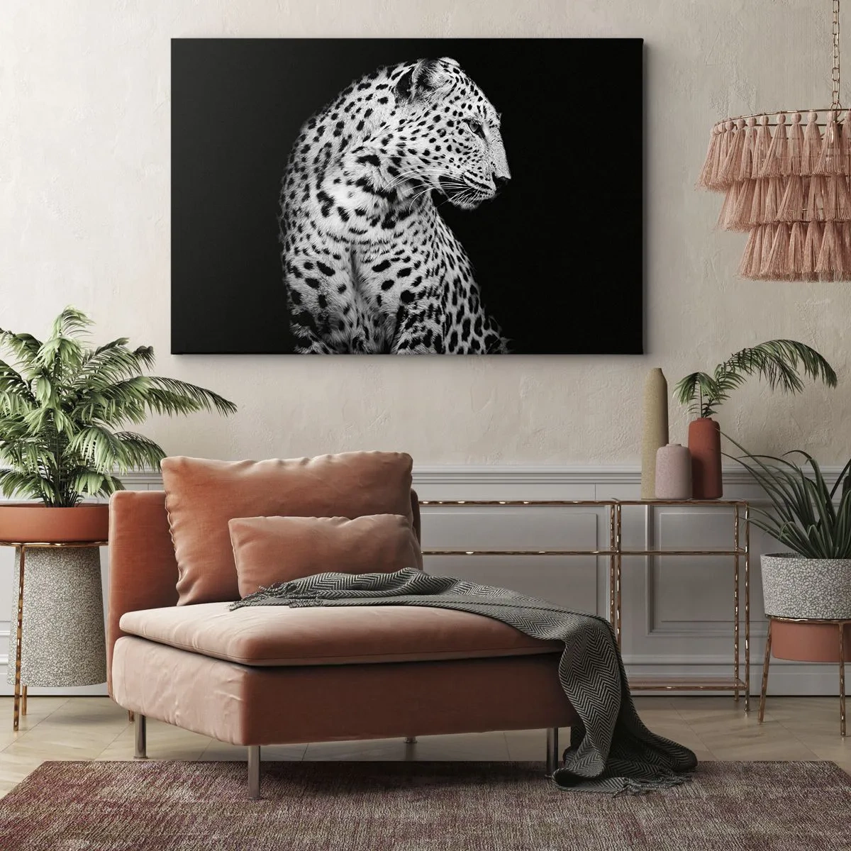 Schilderen op canvas - Zwart-wit afbeelding van een luipaard op een zwarte achtergrond - 70x50cm - Juist profiel perfect! - Moderne wanddecoratie voor woonkamer en slaapkamer ARTTOR
