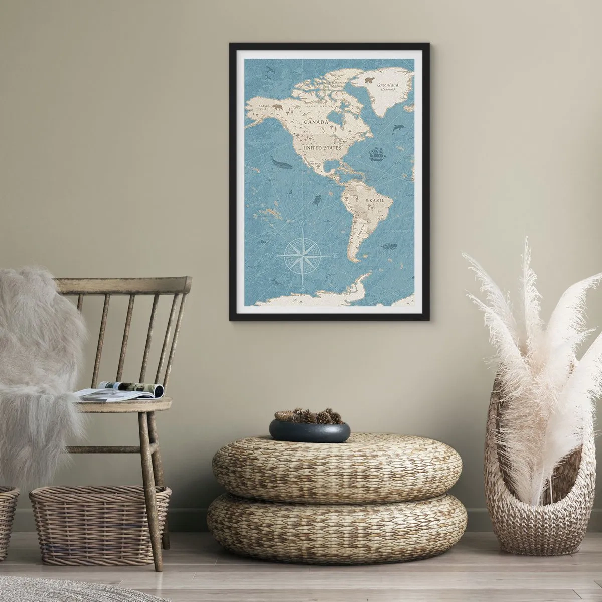 Poster in een zwarte lijst - Gestileerde kaart van Noord- en Zuid-Amerika - 50x70cm - De wereld binnen handbereik - Moderne wanddecoratie voor woonkamer en slaapkamer ARTTOR