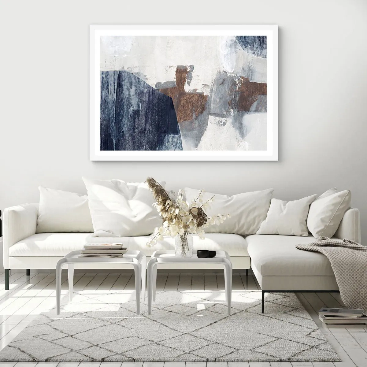 Poster in een witte lijst - Blauwe en bruine vormen - 100x70 cm