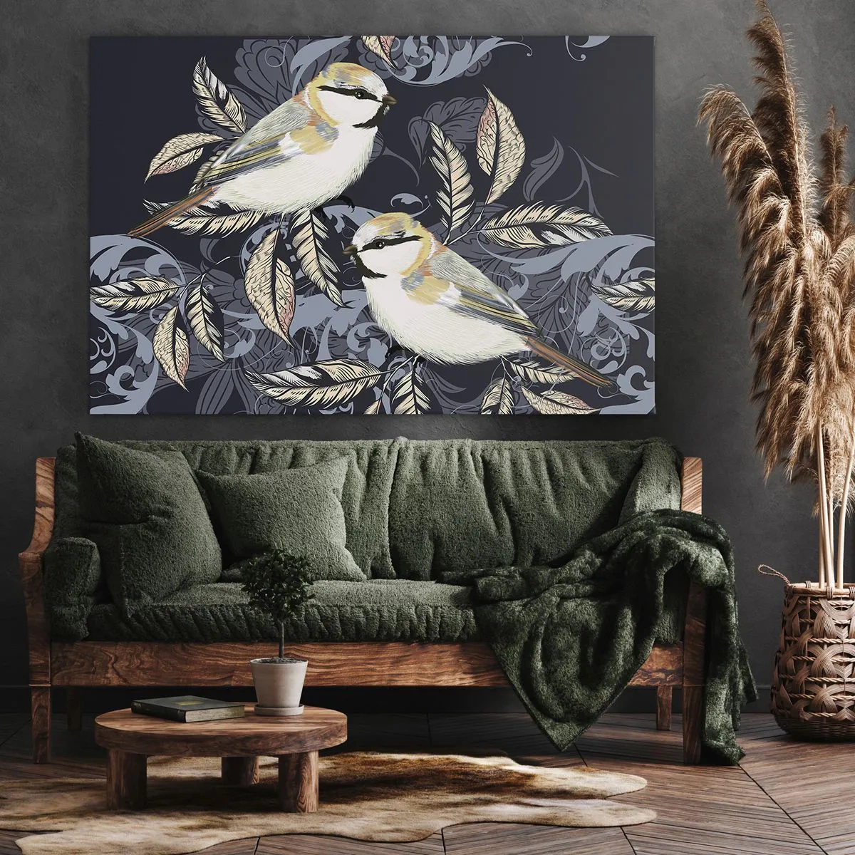 Schilderen op canvas - Vogels op takken op een decoratieve achtergrond - 70x50cm - Geel-blauwe triller - Moderne wanddecoratie voor woonkamer en slaapkamer ARTTOR