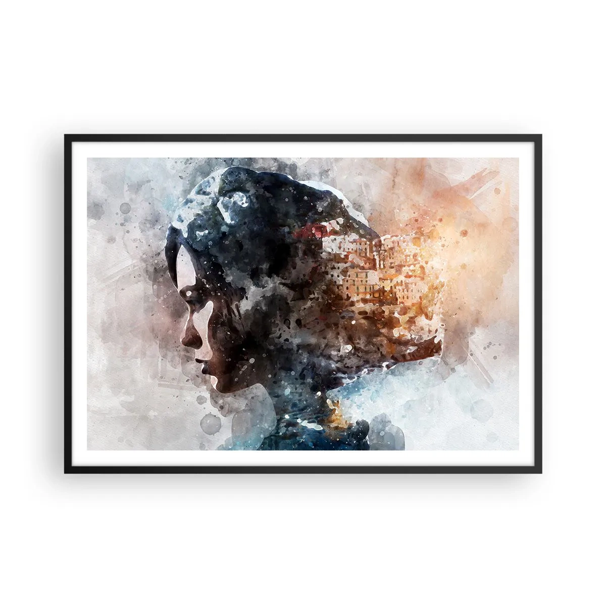 Poster in een zwarte lijst - Een verhaal over een meisje met een stad op de achtergrond - 100x70 cm