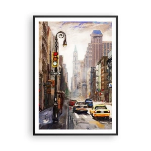 Poster in een zwarte lijst - New York - ook kleurrijk in de regen - 70x100 cm