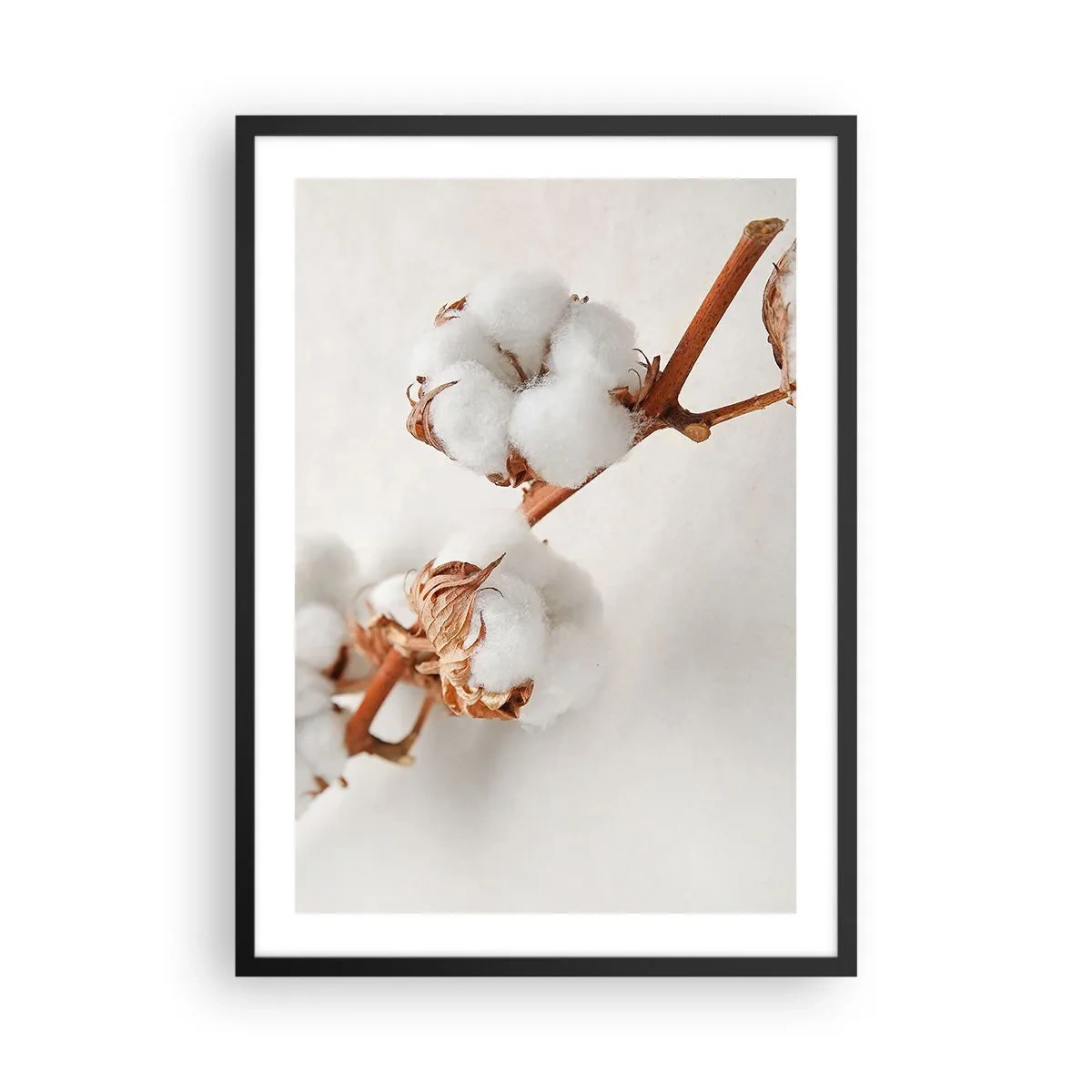 Poster in een zwarte lijst - Delicate katoenen takjes op een lichte achtergrond - 50x70cm - Gewoon een knuffel - Moderne wanddecoratie voor woonkamer en slaapkamer ARTTOR