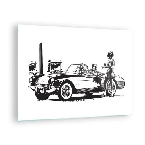 Schilderen op glas - Creatieve graphics met een klassieke auto en personages - 70x50cm - 60e - zorgeloos Amerika - Moderne wanddecoratie voor woonkamer en slaapkamer ARTTOR