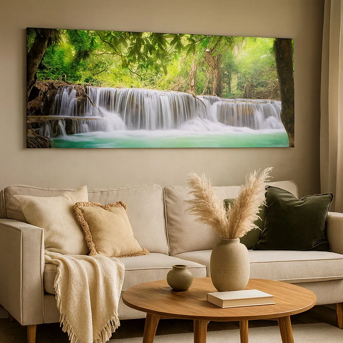 Schilderen op canvas - Een waterval in het groen - 100x40 cm