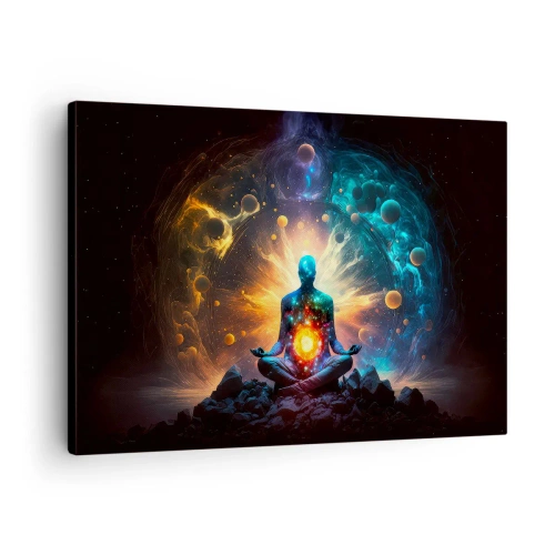 Schilderen op canvas - Een figuur in meditatie, omgeven door een kosmische aura - 70x50cm - Kosmische vrede - Moderne wanddecoratie voor woonkamer en slaapkamer ARTTOR