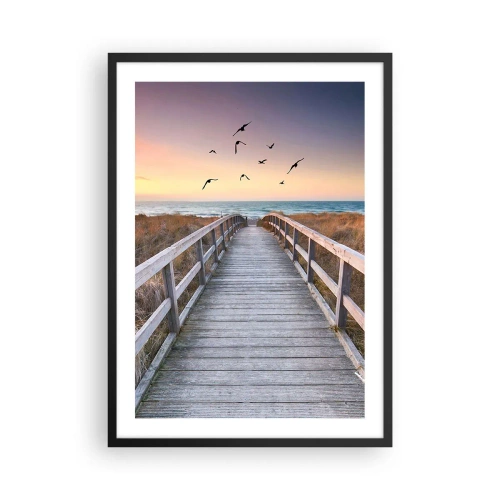 Poster in een zwarte lijst - Houten steiger die naar het strand leidt bij zonsondergang - 50x70cm - De ruimte voor opvliegen - Moderne wanddecoratie voor woonkamer en slaapkamer ARTTOR