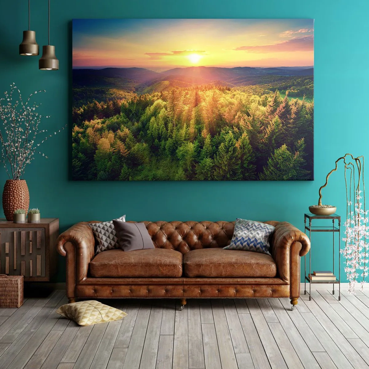 Schilderen op canvas - Boslandschap met zonsondergang over de heuvels - 70x50cm - Hoekpunten en topjes - Moderne wanddecoratie voor woonkamer en slaapkamer ARTTOR