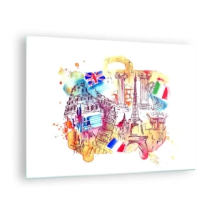 Schilderen op glas - Aquarel van Europese monumenten met landvlaggen - 70x50cm - Europese tour - Moderne wanddecoratie voor woonkamer en slaapkamer ARTTOR