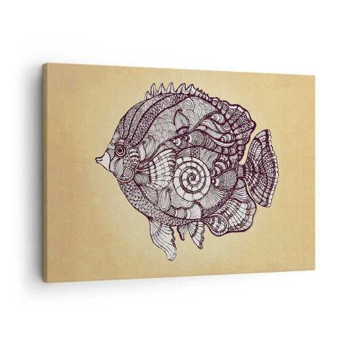 Schilderen op canvas - Decoratieve vis in een tekenstijl met patronen - 70x50cm - Uit een oceaan van ornamenten - Moderne wanddecoratie voor woonkamer en slaapkamer ARTTOR