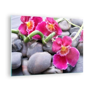 Schilderen op glas - Roze orchideeën met bamboe op stenen - 70x50cm - Kou en hitte - Moderne wanddecoratie voor woonkamer en slaapkamer ARTTOR