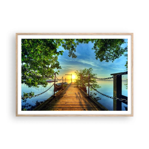 Een poster in een licht eiken lijst - Zonsondergang boven het water - 100x70 cm