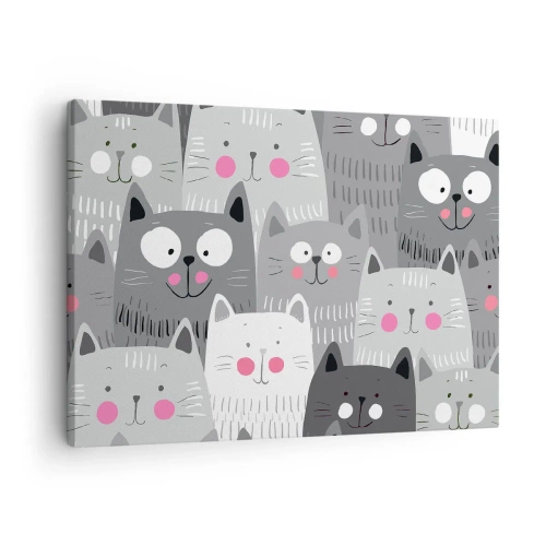 Schilderen op canvas - Een leuk patroon met katten in grijstinten - 70x50cm - De wereld van de kat - Moderne wanddecoratie voor woonkamer en slaapkamer ARTTOR