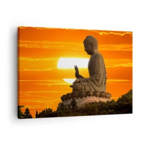 Schilderen op canvas - Een boeddhistisch beeld tegen de achtergrond van een oranje zonsondergang - 70x50cm - Geen angst voor de wereld - Moderne wanddecoratie voor woonkamer en slaapkamer ARTTOR