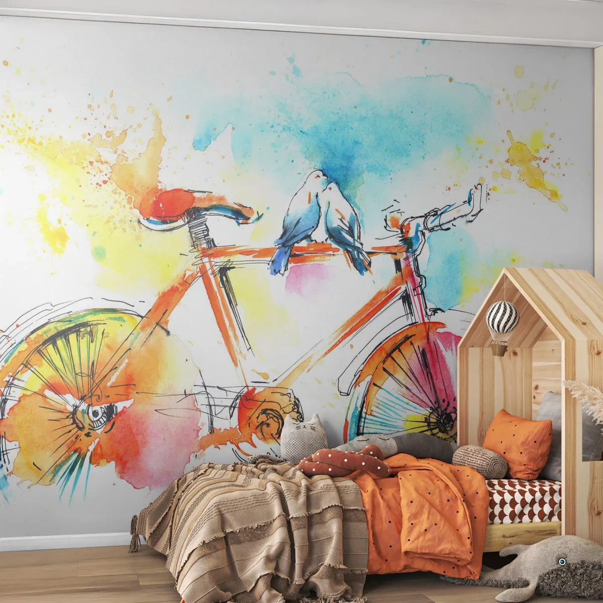 Fotobehang Premium Sand - Fietsen voor twee - Abstractie, Fiets, Vogels - 300x210 cm