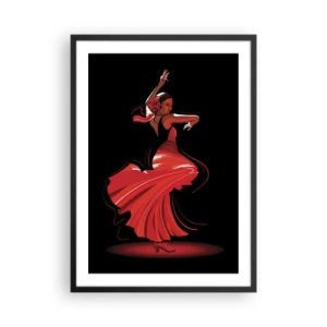 Poster in een zwarte lijst - Flamencodanseres in een rode jurk tegen een zwarte achtergrond - 50x70cm - De vurige geest van flamenco - Moderne wanddecoratie voor woonkamer en slaapkamer ARTTOR