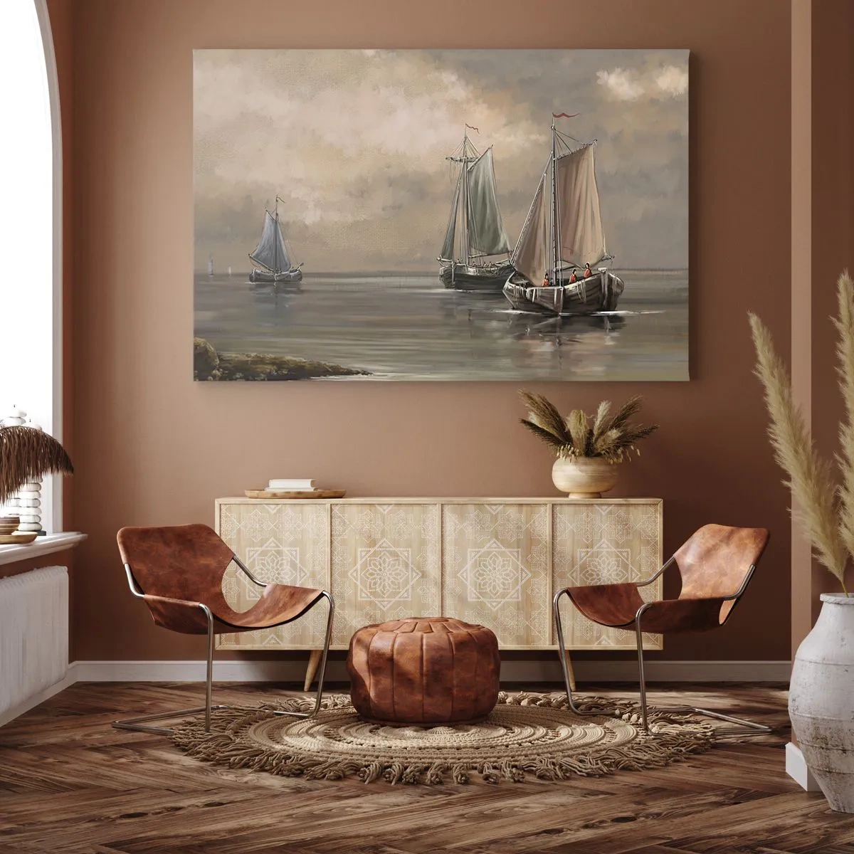 Schilderen op canvas - Zeilboten op een kalme zee in een pastelkleurige omgeving - 70x50cm - De terugkeer van zeelieden - Moderne wanddecoratie voor woonkamer en slaapkamer ARTTOR