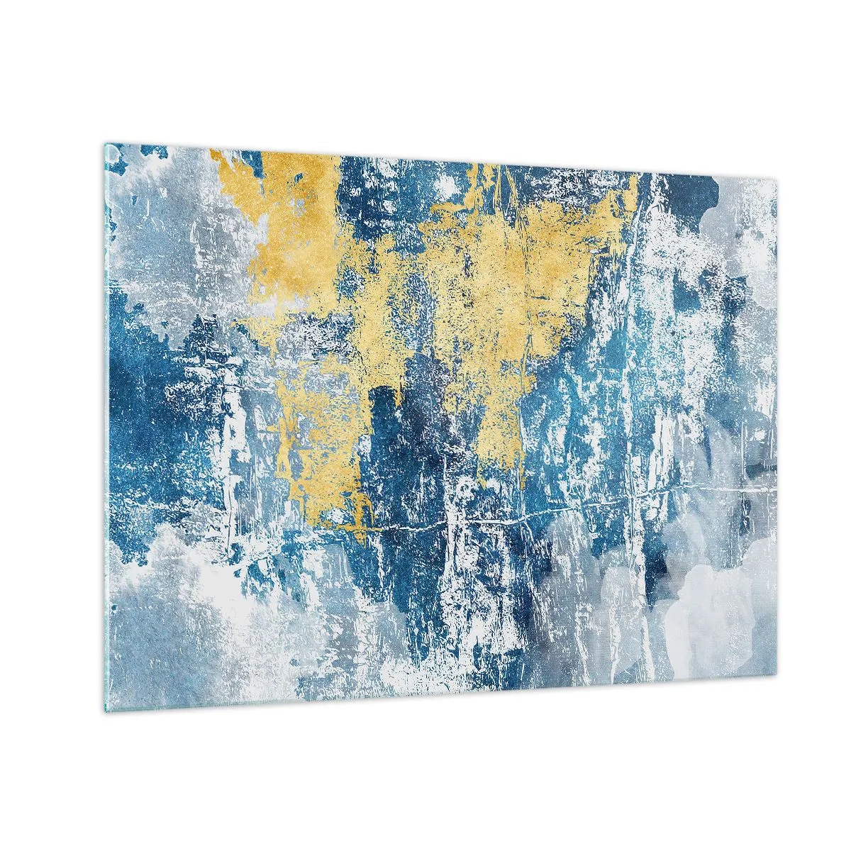 Schilderen op glas - Blauw-gele abstractie met een verweerd en getextureerd effect - 70x50cm - Abstractie vol met weer - Moderne wanddecoratie voor woonkamer en slaapkamer ARTTOR