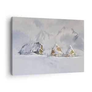 Schilderen op canvas - Winterlandschap met een huisje en hooibergen in de bergen - 70x50cm - In een besneeuwde vallei - Moderne wanddecoratie voor woonkamer en slaapkamer ARTTOR