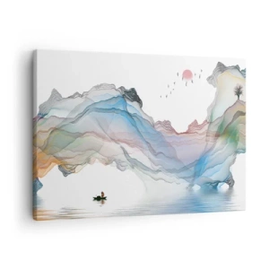 Schilderen op canvas - Een subtiel landschap met bergen, water en een boot - 70x50cm - Op weg naar de kristallen bergen - Moderne wanddecoratie voor woonkamer en slaapkamer ARTTOR