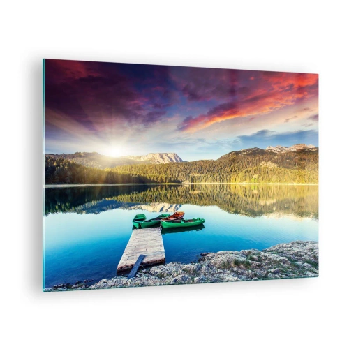Schilderen op glas - Een schilderachtig meer met een houten pier en boten bij zonsondergang - 70x50cm - Over het water zo glad als een spiegel - Moderne wanddecoratie voor woonkamer en slaapkamer ARTTOR