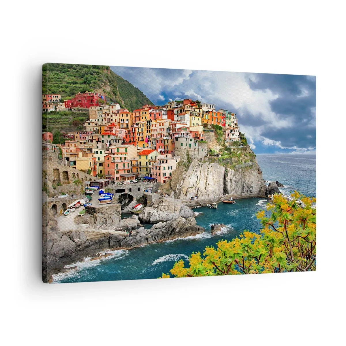 Schilderen op canvas - Kleurrijke huizen op een klif met uitzicht op de zee in Cinque Terre - 70x50cm - Een groepje geklampt an de rots - Moderne wanddecoratie voor woonkamer en slaapkamer ARTTOR
