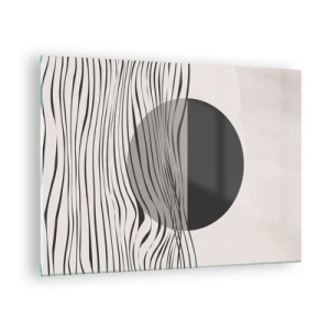 Schilderen op glas - Zwarte golven en een cirkel op een beige achtergrond - 70x50cm - Halve compositie - Moderne wanddecoratie voor woonkamer en slaapkamer ARTTOR