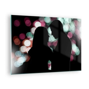 Schilderen op glas - Silhouetten van een paar tegen een achtergrond van kleurrijke bokehlichten - 70x50cm - Ja! - Moderne wanddecoratie voor woonkamer en slaapkamer ARTTOR