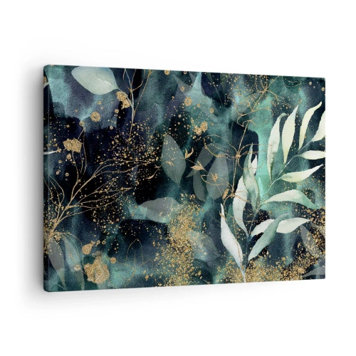 Schilderen op canvas - Elegante bladeren op een donkere achtergrond met gouden accenten - 70x50cm - Magische tuin - Moderne wanddecoratie voor woonkamer en slaapkamer ARTTOR