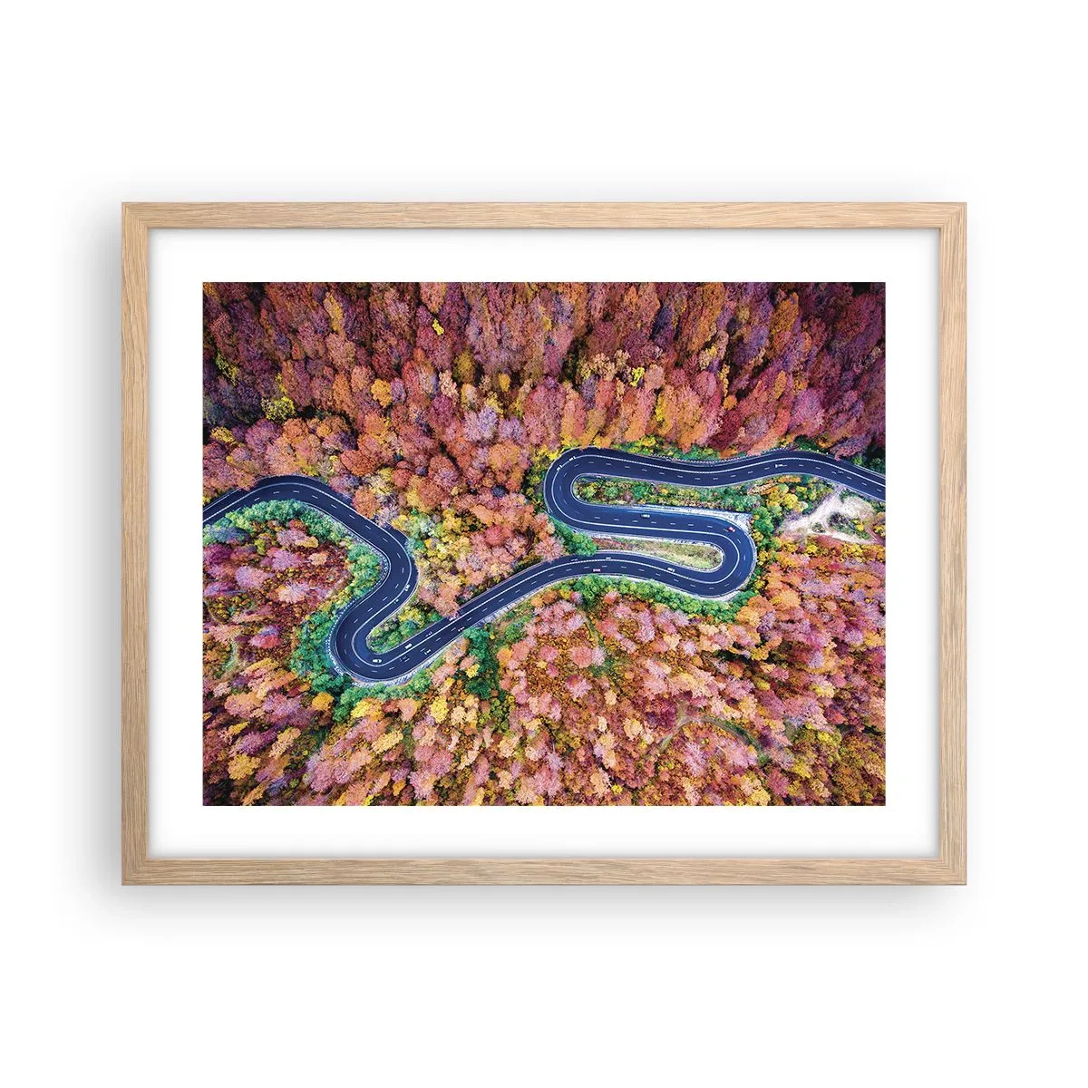 Een poster in een licht eiken lijst - Een kronkelende weg door het bos - 50x40 cm