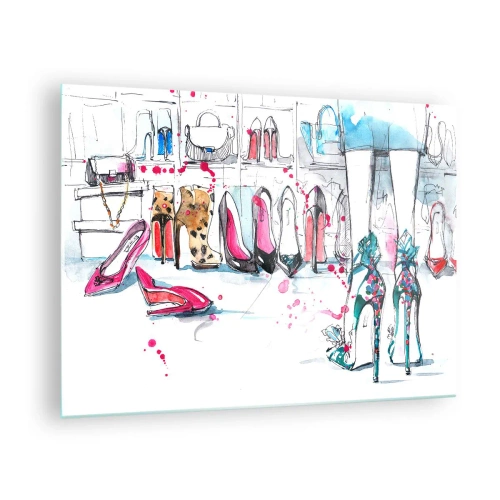 Schilderen op glas - Illustratie van elegante hoge hakken in een winkel - 70x50cm - Sesam, doe open - Moderne wanddecoratie voor woonkamer en slaapkamer ARTTOR