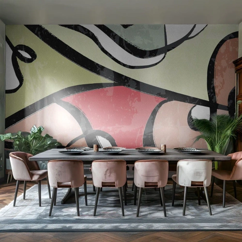 Fotobehang Standard Eco - Kleurrijke abstractie met zwarte contouren en dynamische lijnen - 100x70cm - Pirouettes tussen kleuren - Moderne wanddecoratie voor woonkamer en slaapkamer ARTTOR