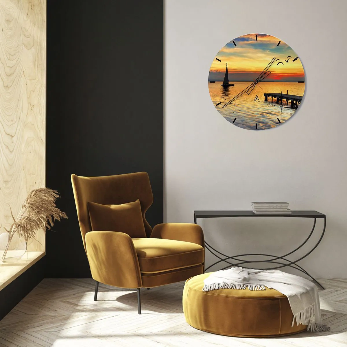Wandklok - Klok - Jacht bij zonsondergang met pier en vogels - 30x30cm - De avonden keren terug - Moderne wanddecoratie voor woonkamer, keuken en slaapkamer ARTTOR