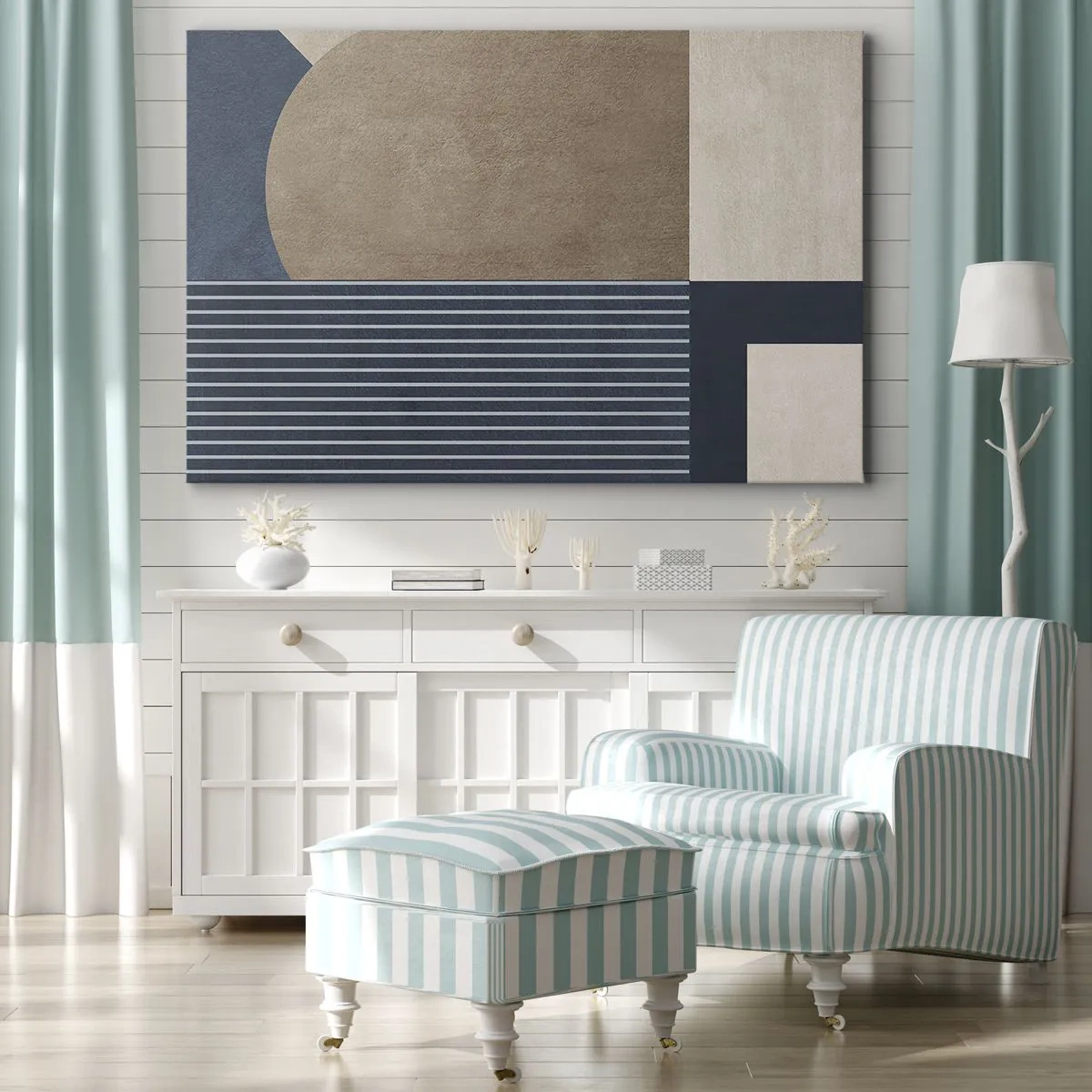 Schilderen op canvas - Geometrische figuren in tinten beige en marineblauw met lijnen - 70x50cm - Een compositie van eenvoud en rondheid - Moderne wanddecoratie voor woonkamer en slaapkamer ARTTOR