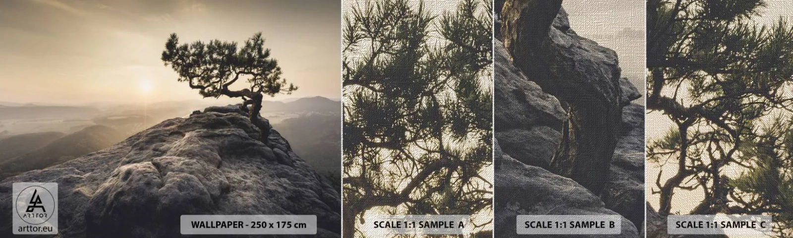 Fotobehang Monster Premium Canvas - Het leven wint altijd - Berglandschap, Pijnboom, Bergen - 100x30 cm