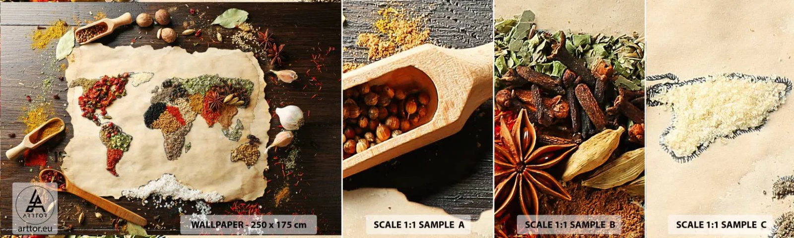 Fotobehang Monster Zelfklevend Deluxe Sticker - Alle smaken van de wereld - Gastronomie, Wereldkaart, Gedroogde specerijen - 100x30 cm