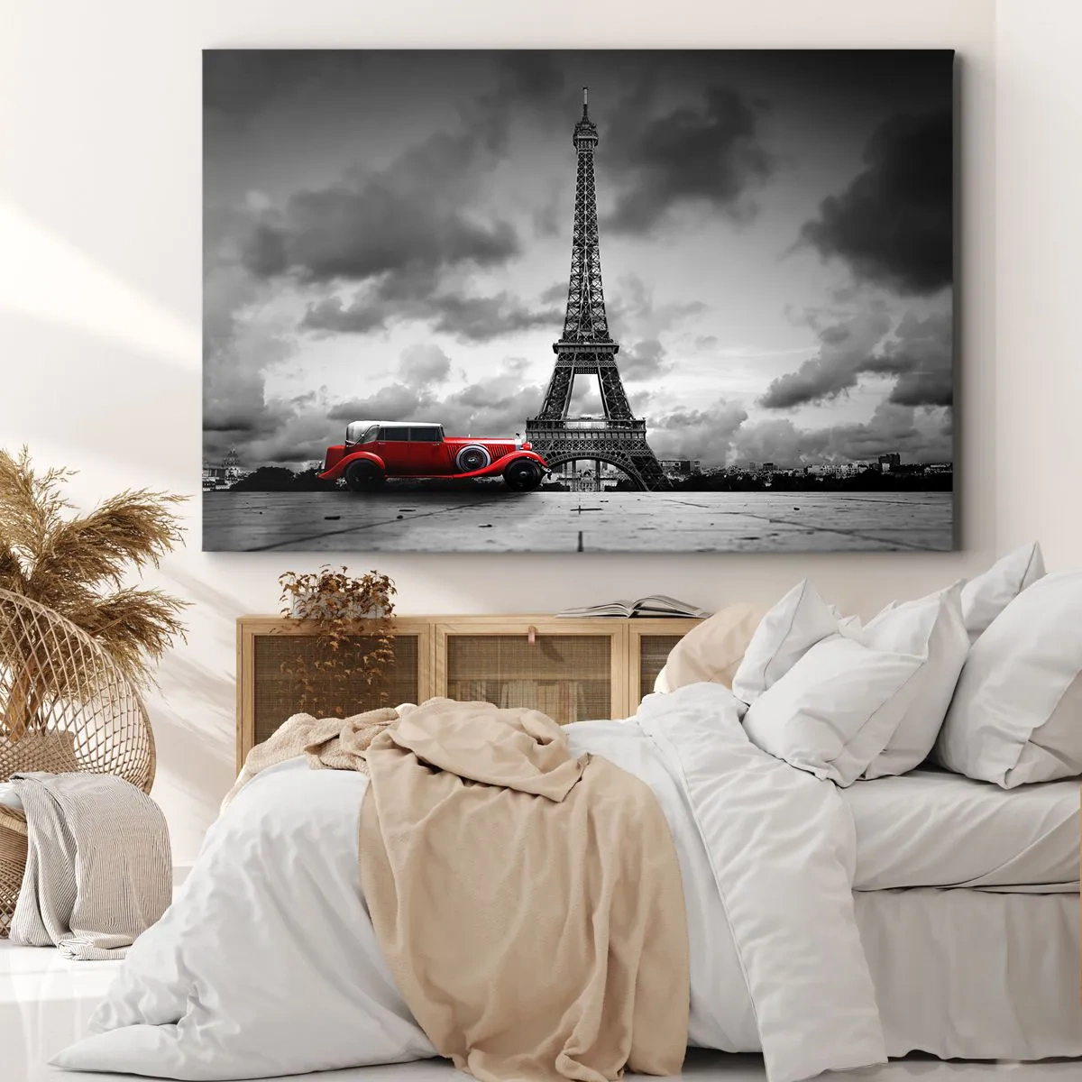 Schilderen op canvas - Rode retro-auto voor de Eiffeltoren in zwart-wit - 70x50cm - Nog niet zo lang geleden in Parijs - Moderne wanddecoratie voor woonkamer en slaapkamer ARTTOR
