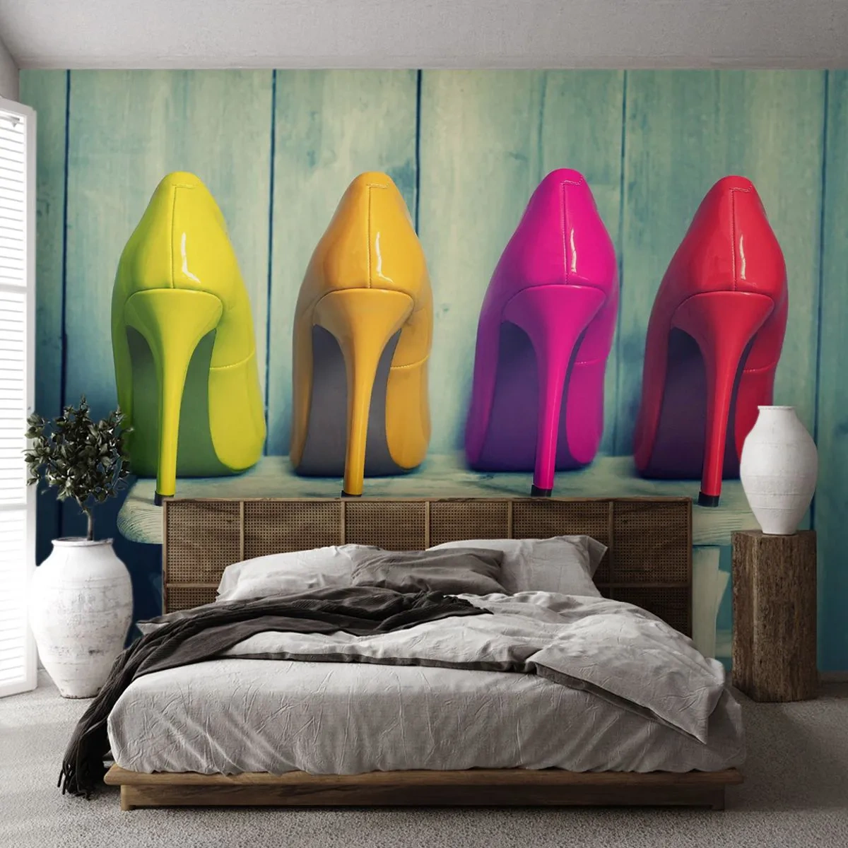 Zelfklevend Fotobehang Deluxe Sticker - Loop op de regenboog - Mode, Vrouw, Damesschoenen - 250x175 cm
