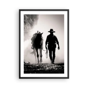 Poster in een zwarte lijst - Silhouet van een cowboy met zijn paard in de ochtendmist - 50x70cm - Texas ochtend - Moderne wanddecoratie voor woonkamer en slaapkamer ARTTOR