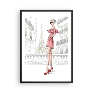 Poster in een zwarte lijst - Een elegante vrouw in een roze jurk met de Eiffeltoren op de achtergrond - 50x70cm - Mode kunst - Moderne wanddecoratie voor woonkamer en slaapkamer ARTTOR