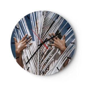 Wandklok - Klok - Handen versierd met ringen achter witte palmbladeren - 30x30cm - Het meisje van de sjamaan? - Moderne wanddecoratie voor woonkamer, keuken en slaapkamer ARTTOR