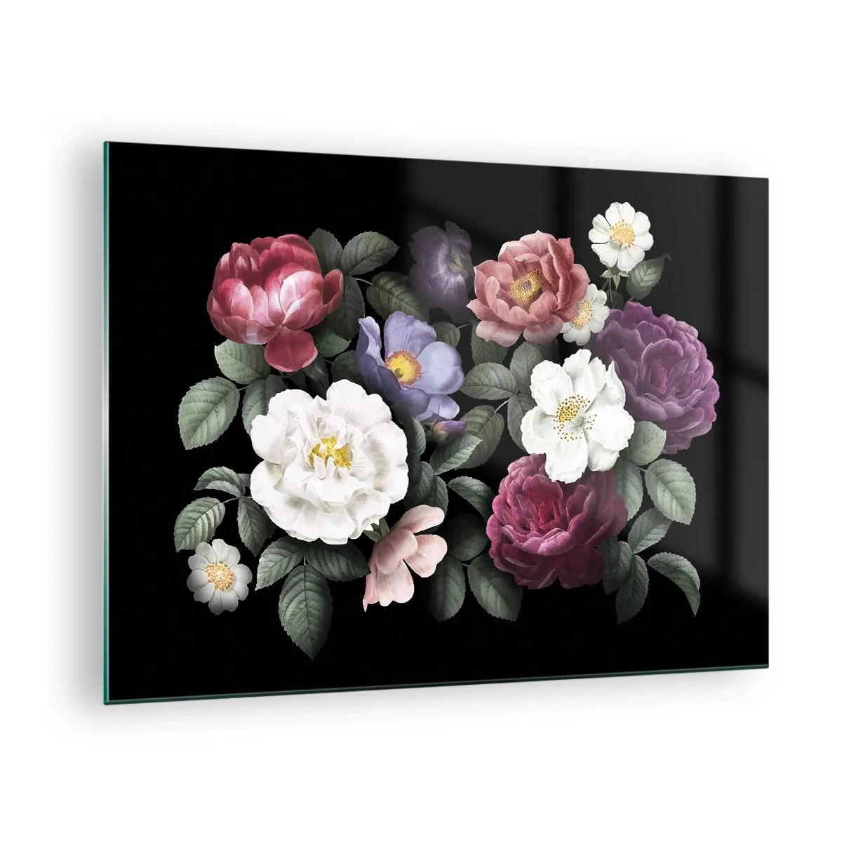Schilderen op glas - Bloemencompositie met pioenrozen op een zwarte achtergrond - 70x50cm - Uit de Engelse tuin - Moderne wanddecoratie voor woonkamer en slaapkamer ARTTOR