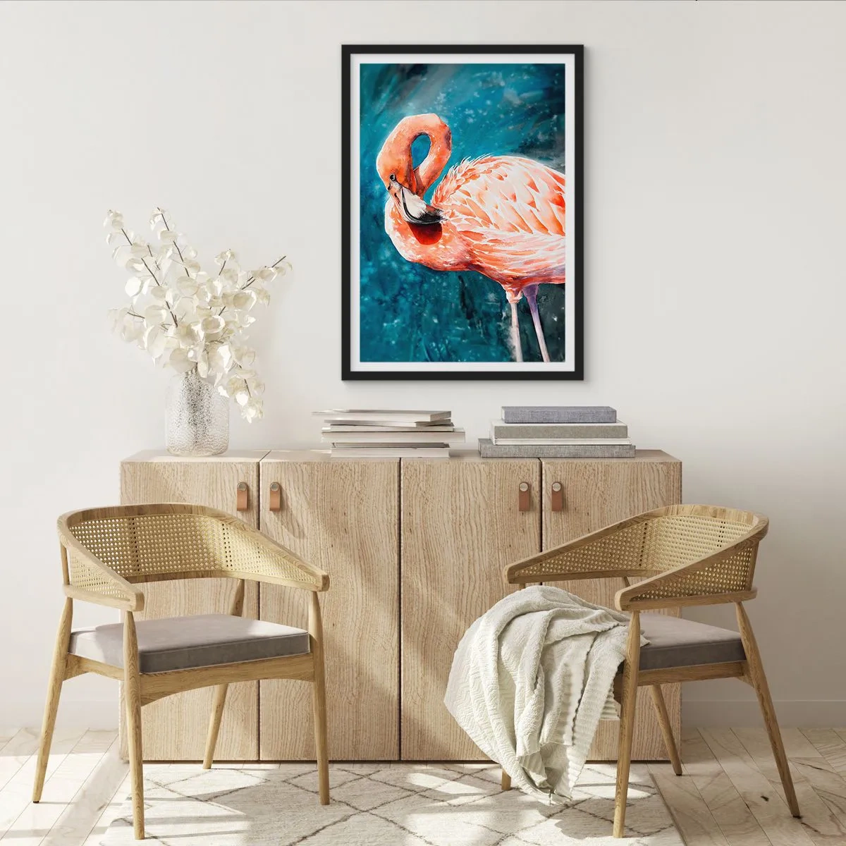 Poster in een zwarte lijst - Een aquarel flamingo tegen een turquoise waterachtergrond - 50x70cm - Decoratief van aard - Moderne wanddecoratie voor woonkamer en slaapkamer ARTTOR