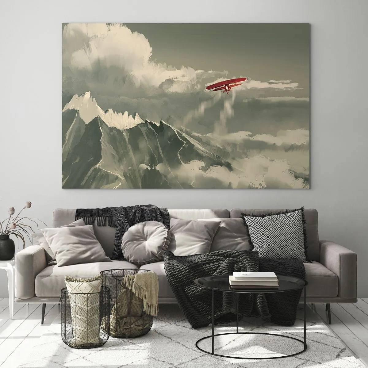 Schilderen op glas - Een rood vliegtuig vliegt over besneeuwde bergen - 70x50cm - Onverschrokken pionier - Moderne wanddecoratie voor woonkamer en slaapkamer ARTTOR