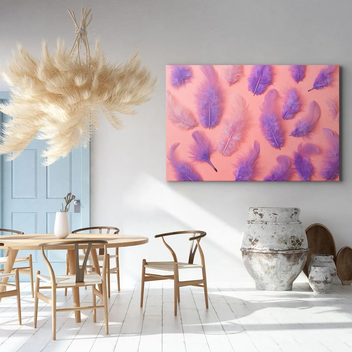 Schilderen op canvas - Paarse en roze veren op een pastelkleurige achtergrond - 70x50cm - Lila vogel van verlangen - Moderne wanddecoratie voor woonkamer en slaapkamer ARTTOR