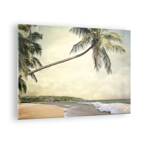 Schilderen op glas - Tropisch strand met palmbomen en golven - 70x50cm - Tropische droom - Moderne wanddecoratie voor woonkamer en slaapkamer ARTTOR