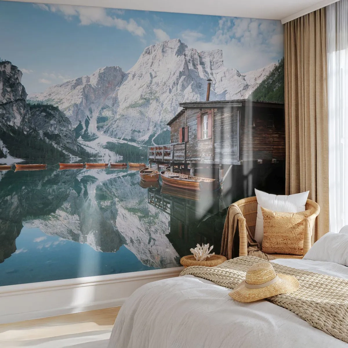 Fotobehang Premium Canvas - Een kristalheldere bergochtend - Berglandschap, Zon, Meer - 100x70 cm