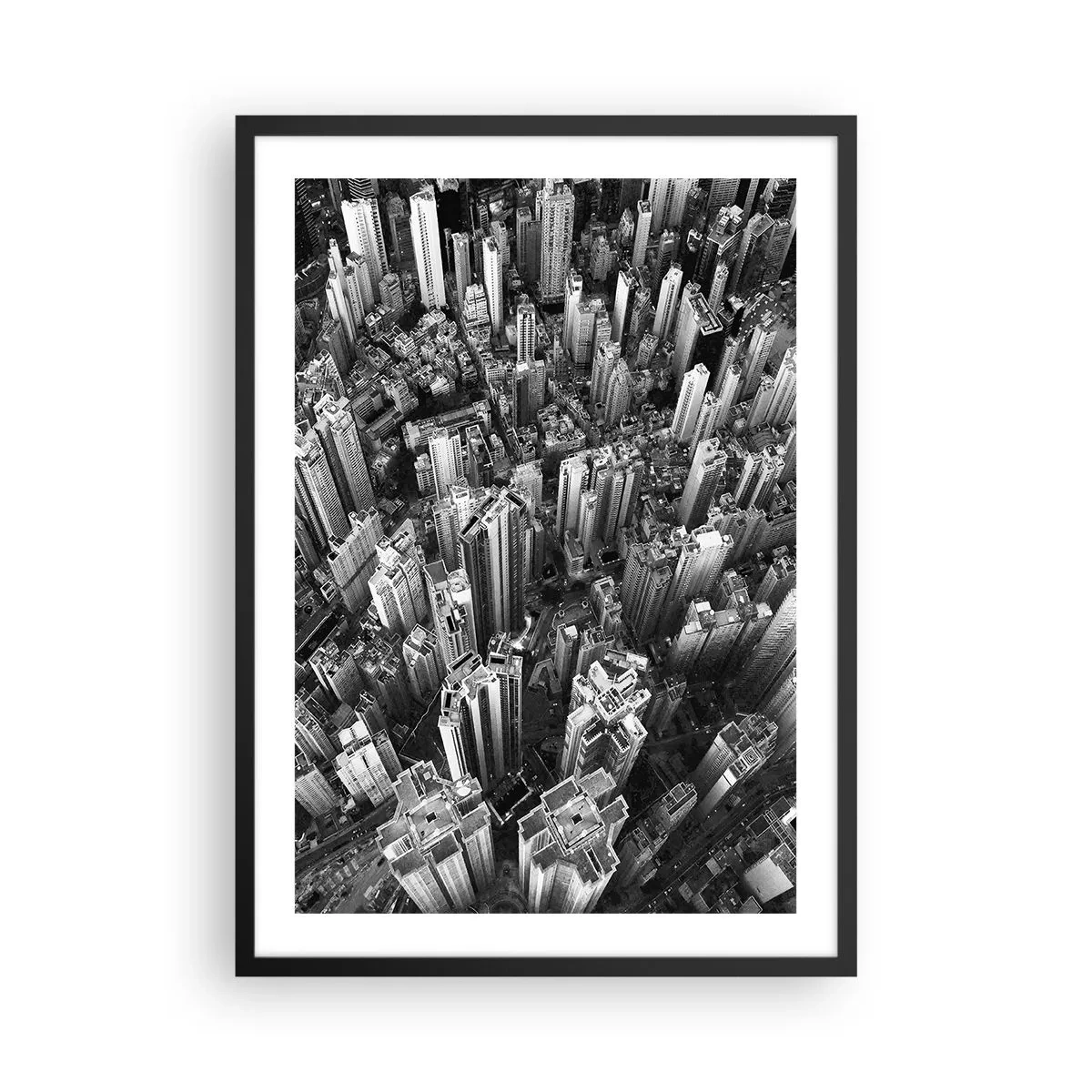 Poster in een zwarte lijst - Luchtfoto van wolkenkrabbers in zwart-wit - 50x70cm - Nog steeds hoger en hoger - Moderne wanddecoratie voor woonkamer en slaapkamer ARTTOR
